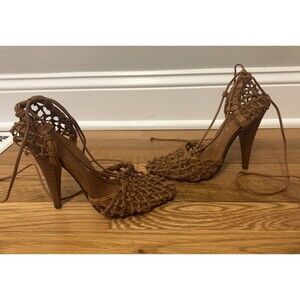 Tory Burch Helena Mesh 110mm Lace Up Pumps Heels Brown leather Strap Size 8